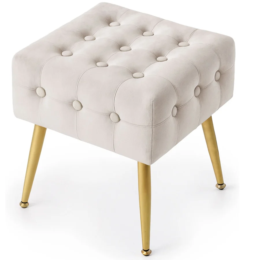 Taburet tapitat Quadra, velur, cu picioare metalice, 40x40x42 cm, bej