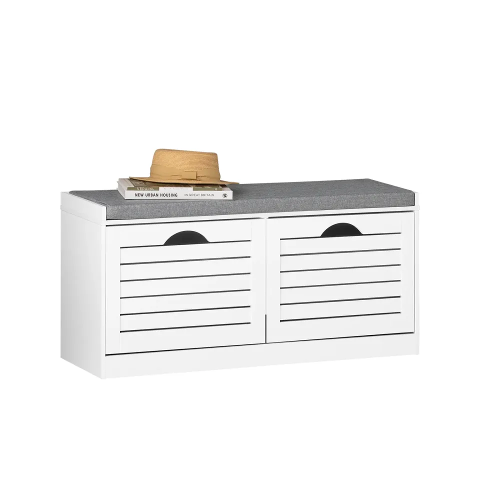 SoBuy Bancă de pantofi 97x30x47cm - Albă cu pernă gri FSR62-II-W