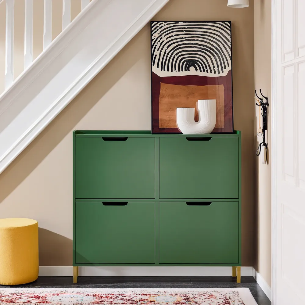 SoBuy FSR100-SY Suport de pantofi mobil, înalt și îngust, din lemn, 4 uși cu clapete, intrare modernă, 100x19x91 cm, verde...