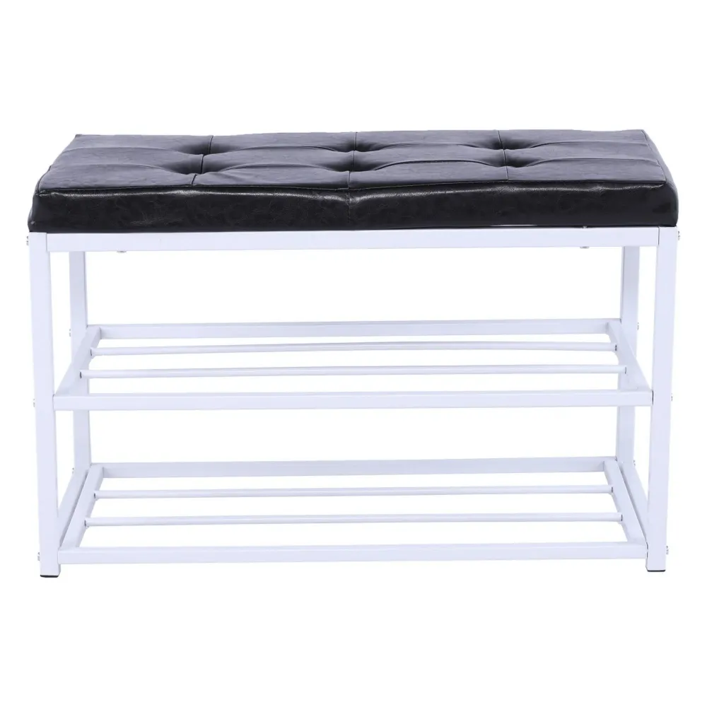 Bancuta LYROS, negru/alb, piele ecologica/metal, cu rafturi pantofi, 70x35x45 cm