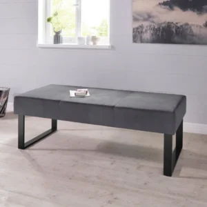 Banca Oliver, gri, tapitata si cadru metalic, 140 cm lungime