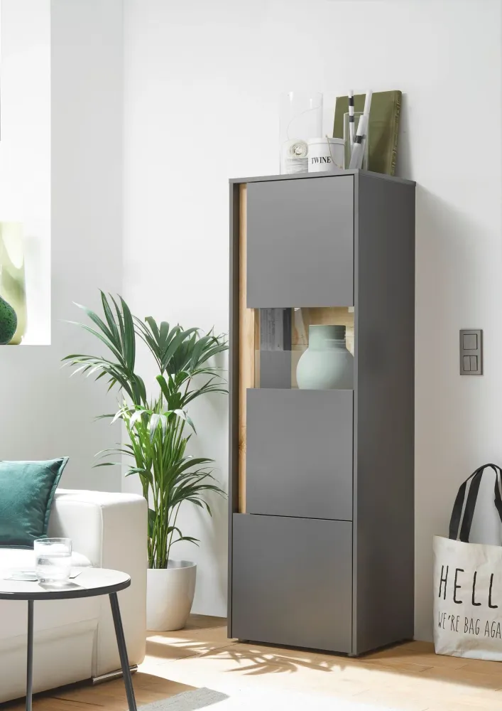 Vitrina »City Giron« gri cu detalii de culoare stejar, design modern, 50 cm latime