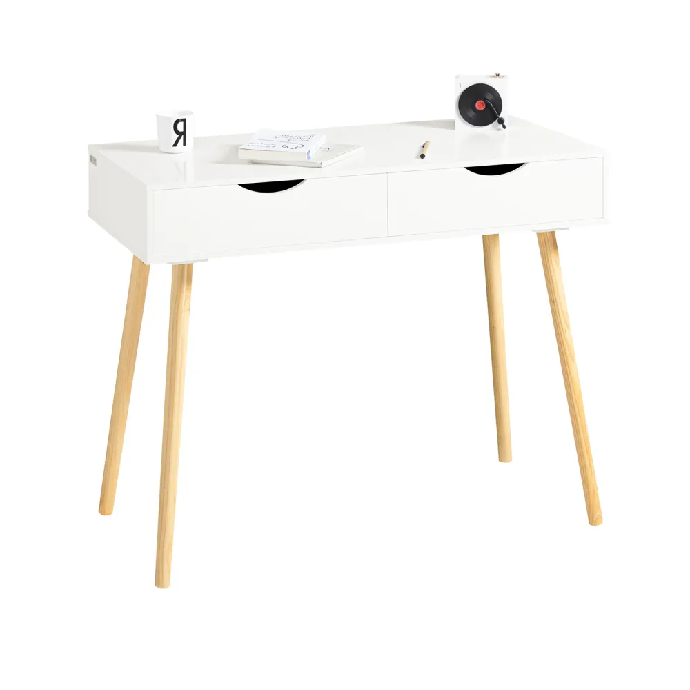 SoBuy FWT40-WN Birou alb cu sertare, picioare din lemn de pin, birou compact, masa de lucru pentru studiu, camera copiilor...