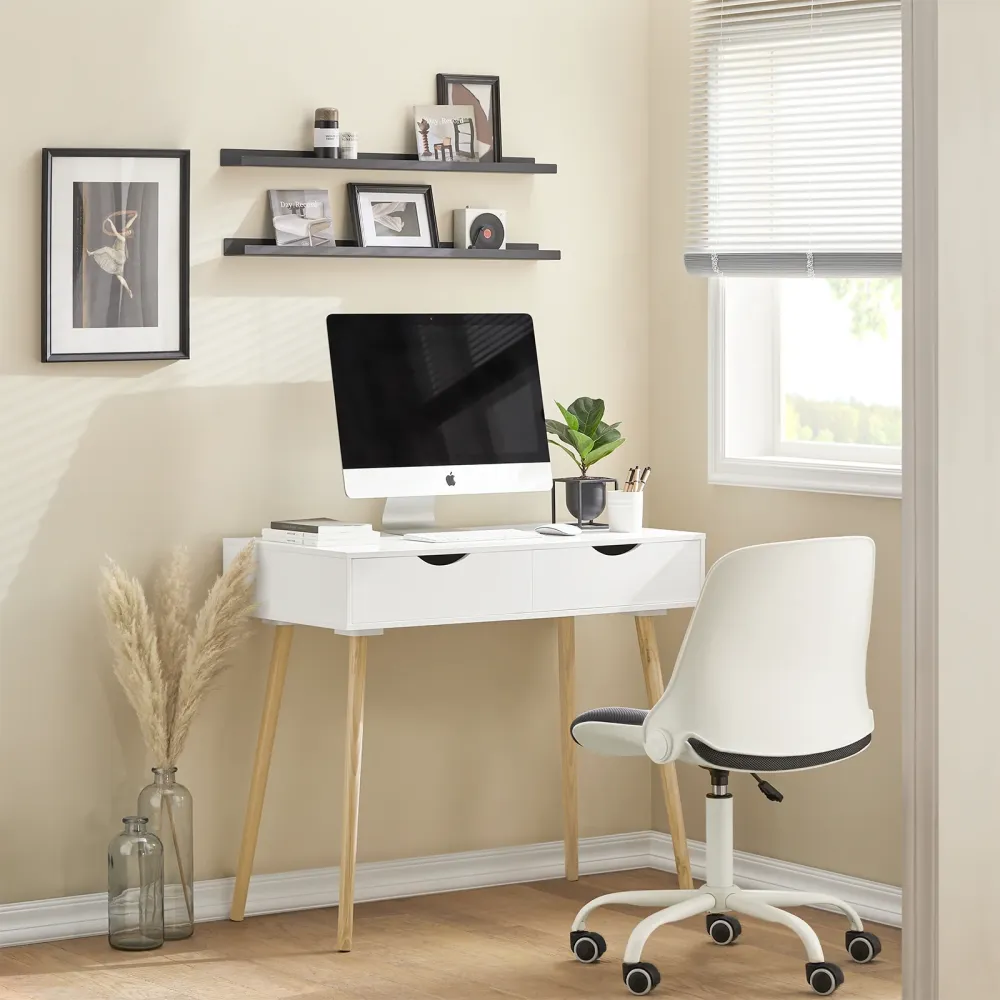 SoBuy FWT40-WN Birou alb cu sertare, picioare din lemn de pin, birou compact, masa de lucru pentru studiu, camera copiilor...