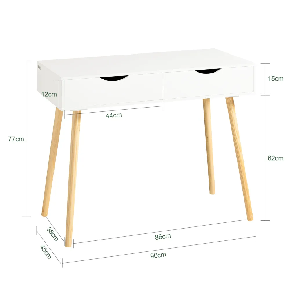 SoBuy FWT40-WN Birou alb cu sertare, picioare din lemn de pin, birou compact, masa de lucru pentru studiu, camera copiilor...