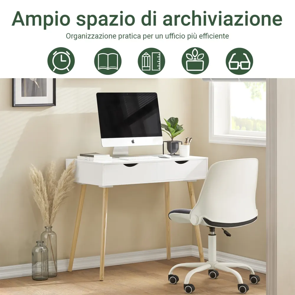 SoBuy FWT40-WN Birou alb cu sertare, picioare din lemn de pin, birou compact, masa de lucru pentru studiu, camera copiilor...