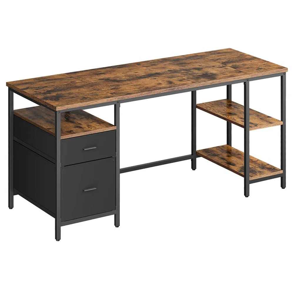 VASAGLE Birou cu 3 rafturi si 2 sertare, cadru metalic si PAL, montaj reversibil, 160x60x76 cm, maro rustic