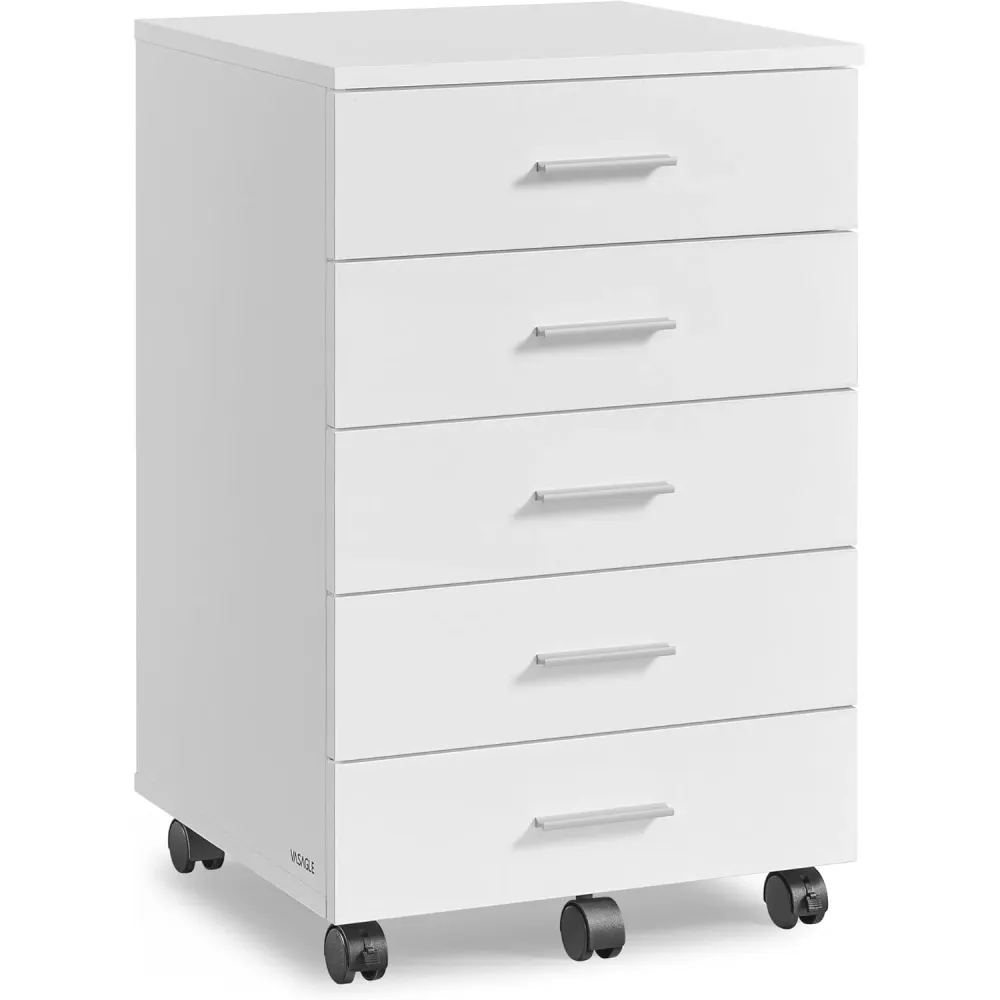 VASAGLE Dulap mobil rollbox pentru birouri, cu 5 sertare si roti, cadru din PAL, 42x40x66 cm, alb