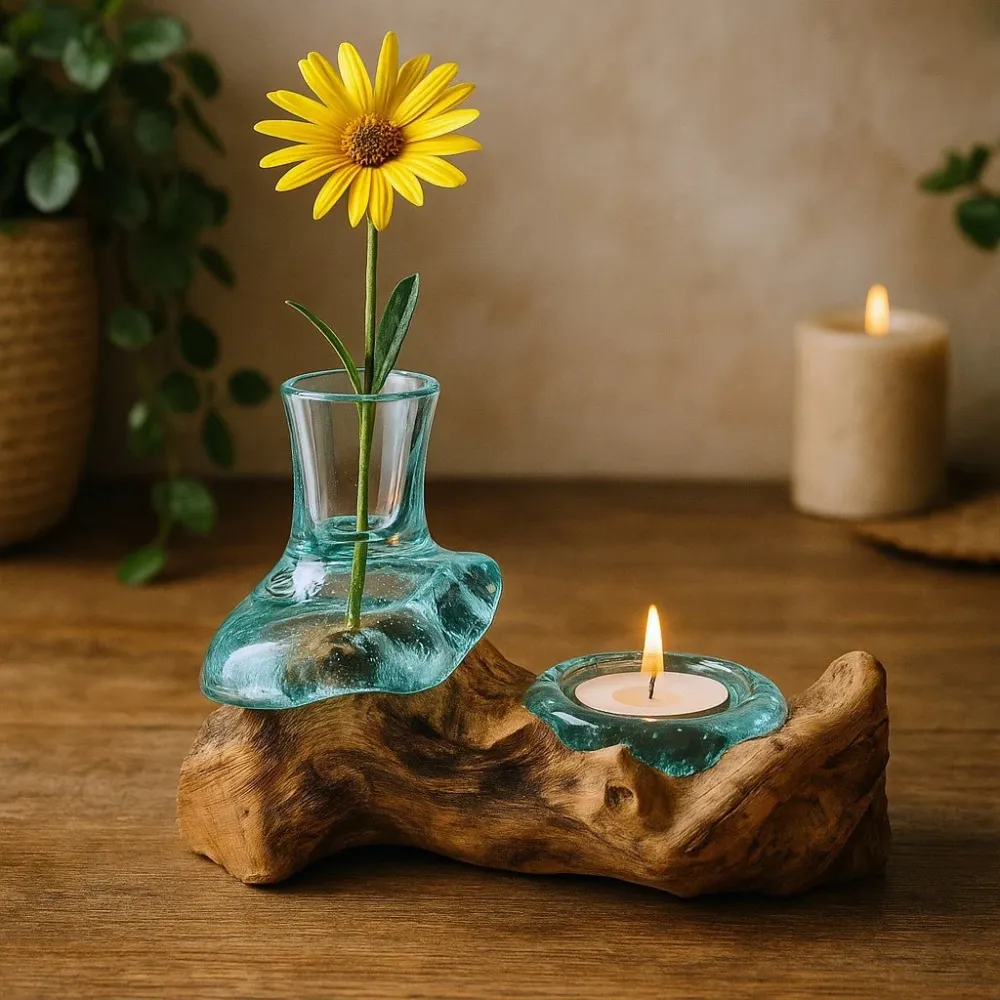 Vază din sticlă topită și suport pentru lumânare tealight, set 2 piese