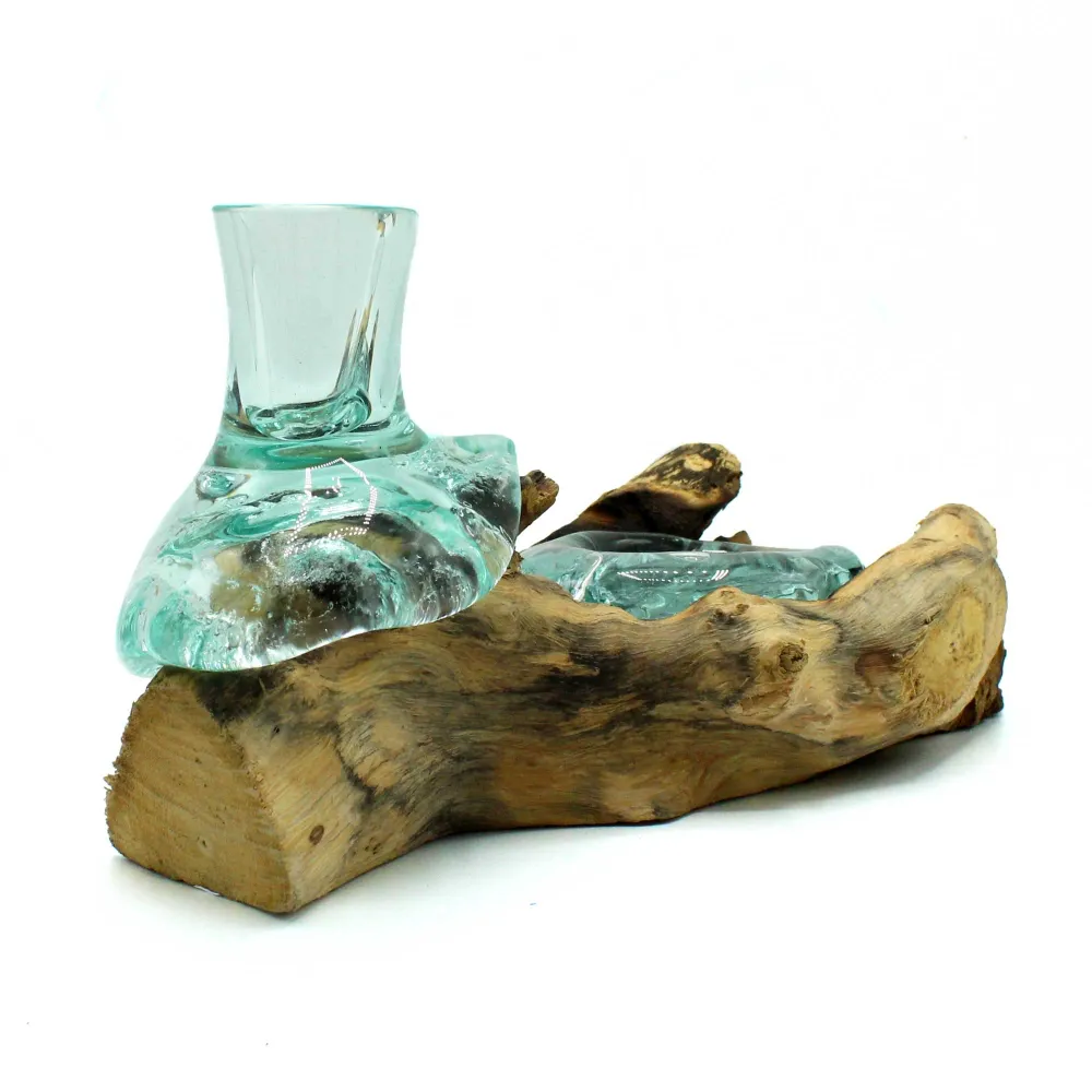 Vază din sticlă topită și suport pentru lumânare tealight, set 2 piese