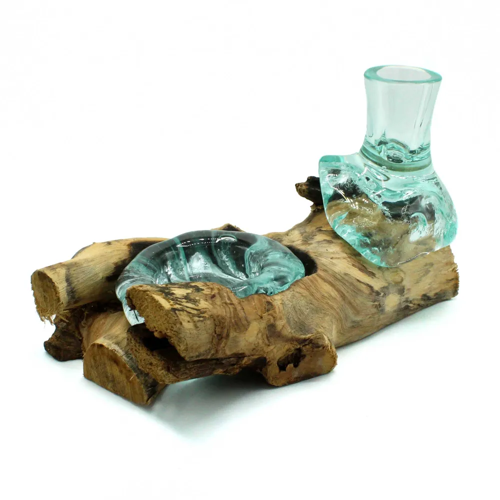 Vază din sticlă topită și suport pentru lumânare tealight, set 2 piese