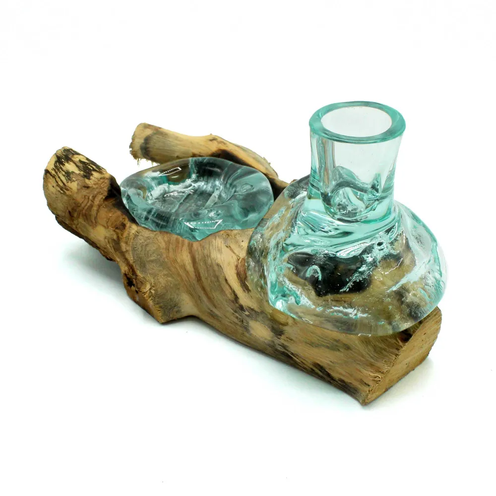 Vază din sticlă topită și suport pentru lumânare tealight, set 2 piese