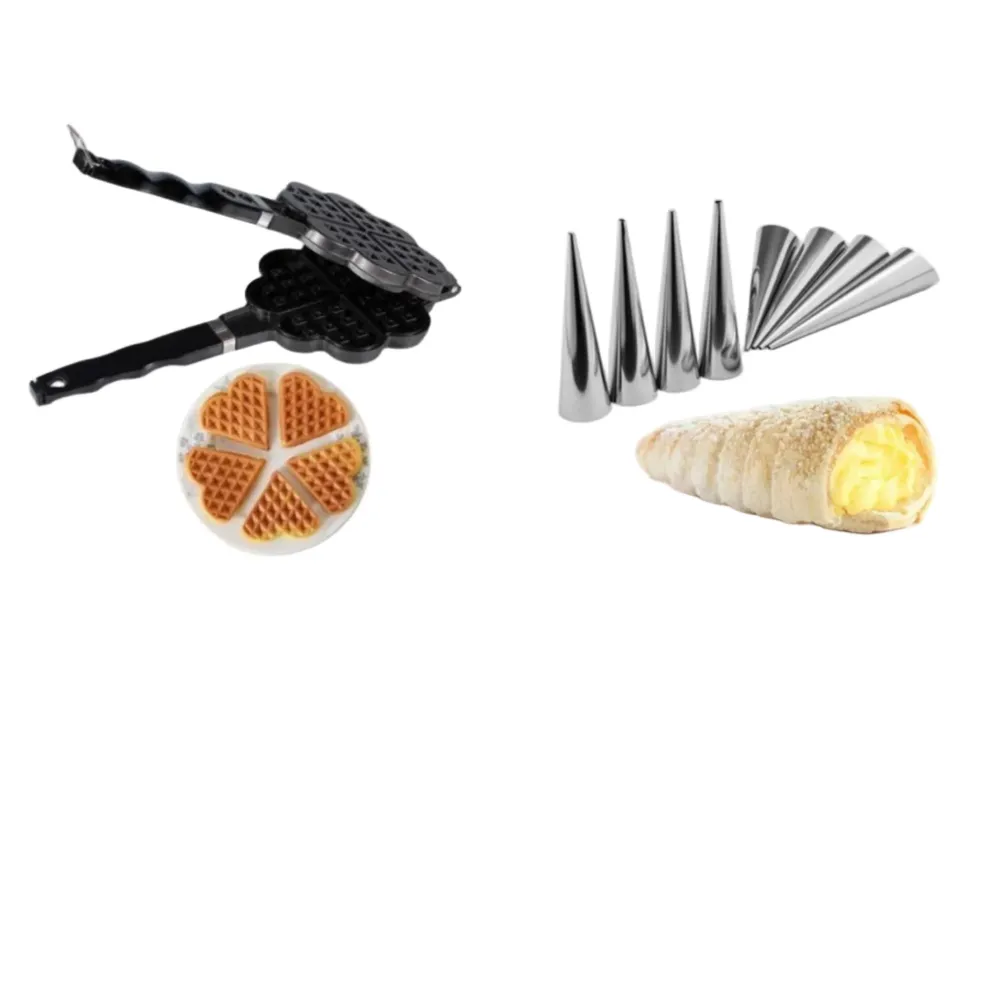 Aparat pentru preparat vafe sau gofre forma de inima + Set 8 forme conice pentru rulouri