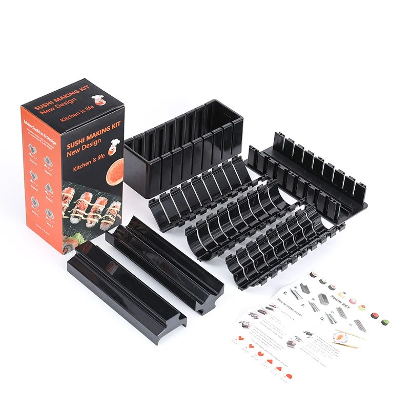 Aparat pentru Sushi, Vivimall, Set 7 Accesorii pentru Sushi, Ofera 3 Forme de Design, Rotund, Triunghi, Inimioare, Negru