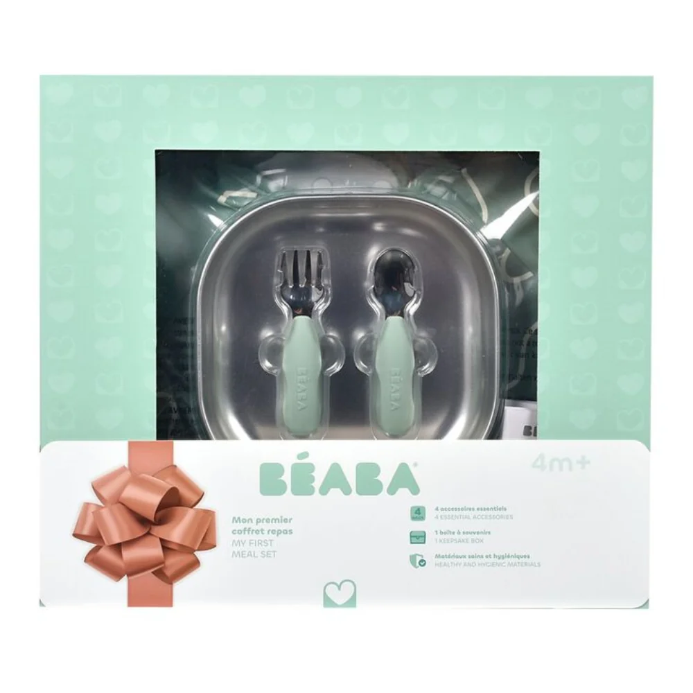 Beaba Beaba First Meals set cadou 3in1 farfurie + set tacâmuri + bavetă verde salvie