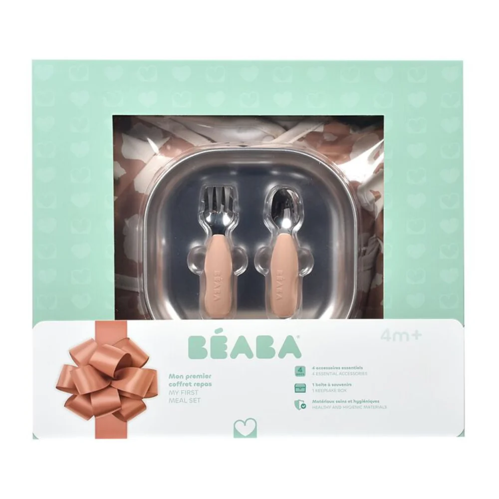 Beaba First Meals set cadou 3in1 farfurie + set tacâmuri + bavetă Savannah Bloom