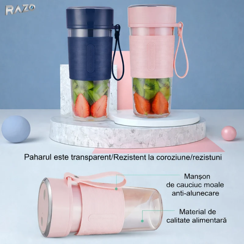 Blender portabil reincarcabil RAZO, Design compact, Usor de transportat, Utilizare rapida oriunde, 450 ml, Albastru deschis