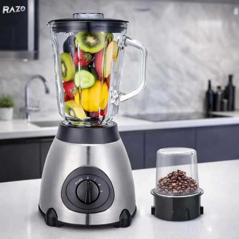 Blender profesional 2 1 RAZO, 2200W, Rasnita inclusa, 5 viteze, Functie pulse, Lame inox, Vas mare, Ideal pentru smoothie,...