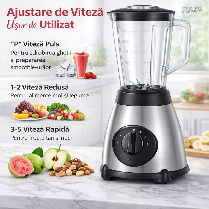 Blender profesional 2 1 RAZO, 2200W, Rasnita inclusa, 5 viteze, Functie pulse, Lame inox, Vas mare, Ideal pentru smoothie,...