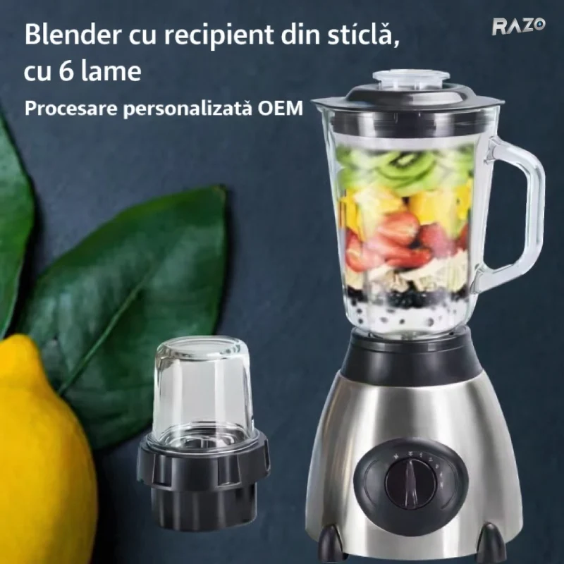 Blender profesional 2 1 RAZO, 2200W, Rasnita inclusa, 5 viteze, Functie pulse, Lame inox, Vas mare, Ideal pentru smoothie,...