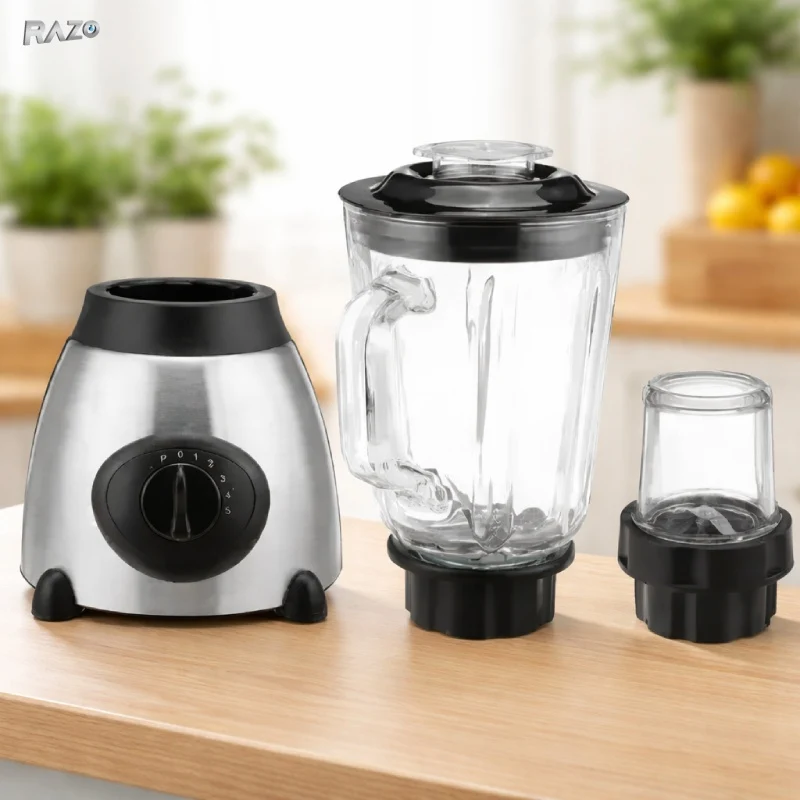 Blender profesional 2 1 RAZO, 2200W, Rasnita inclusa, 5 viteze, Functie pulse, Lame inox, Vas mare, Ideal pentru smoothie,...
