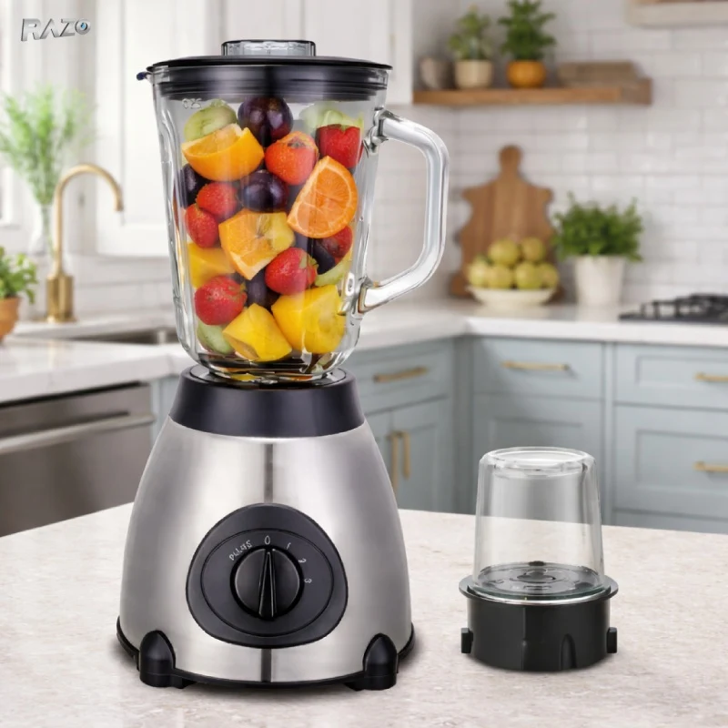Blender profesional 2 1 RAZO, 2200W, Rasnita inclusa, 5 viteze, Functie pulse, Lame inox, Vas mare, Ideal pentru smoothie,...