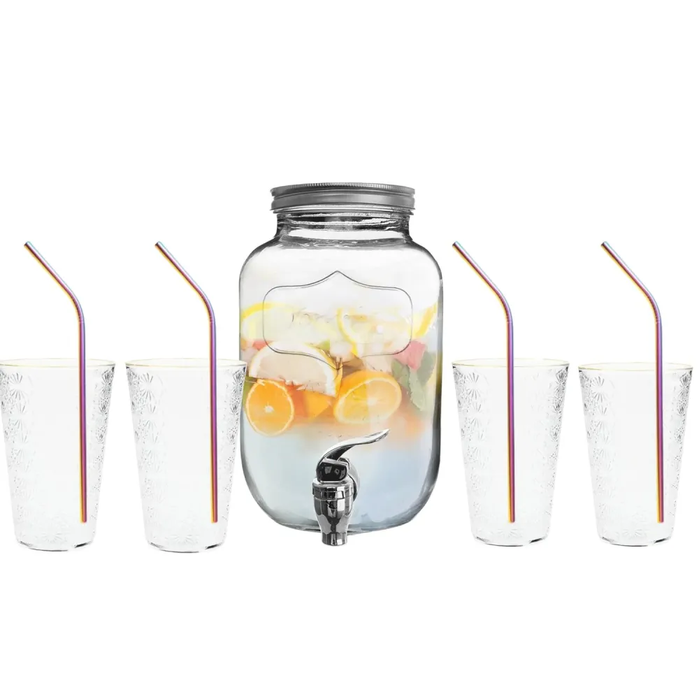 Borcan Dozator , Bauturi cu Robinet, Capac ,Dispenser Limonda si Sucuri, Sticla Transparenta, 4L + 4 Pahare Transparente 4...