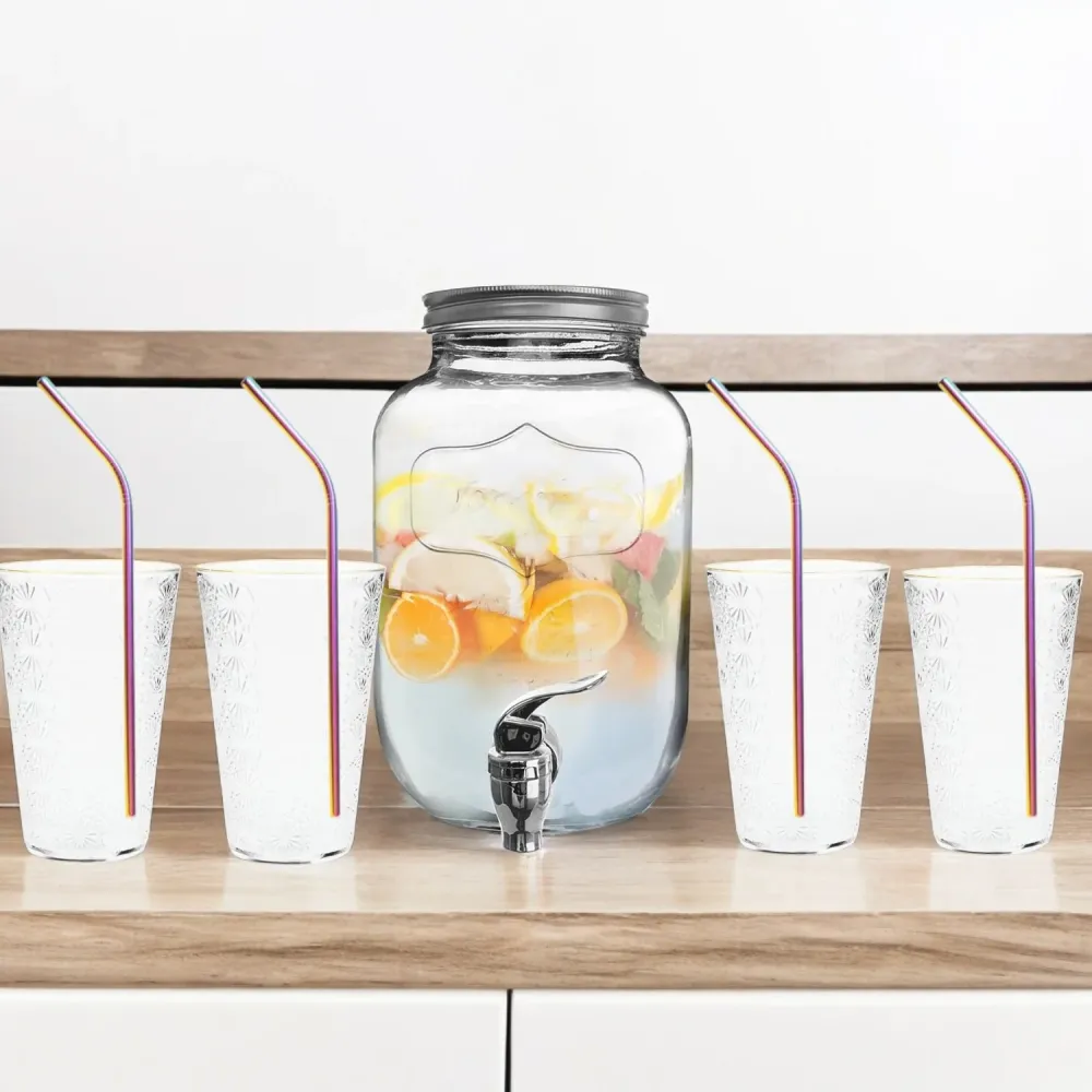 Borcan Dozator , Bauturi cu Robinet, Capac ,Dispenser Limonda si Sucuri, Sticla Transparenta, 4L + 4 Pahare Transparente 4...