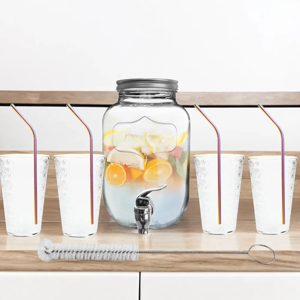 Borcan Dozator , Bauturi cu Robinet, Capac ,Dispenser Limonda si Sucuri, Sticla Transparenta, 4L + 4 Pahare Transparente 4...