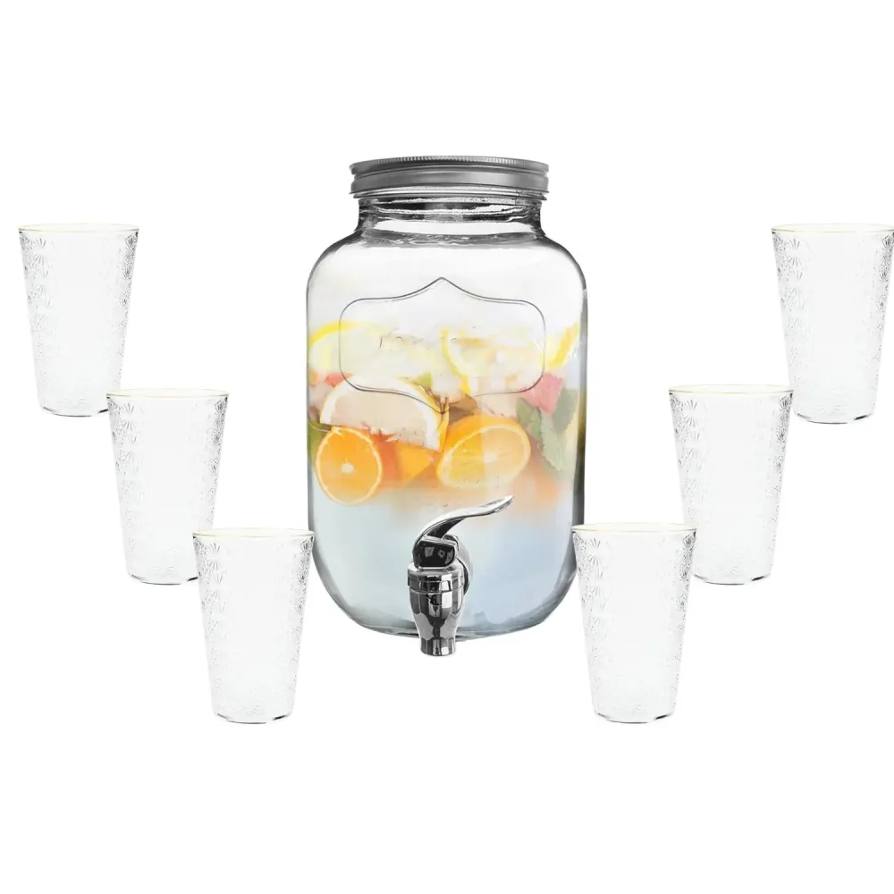 Borcan Dozator Bauturi cu Robinet,Dispenser Limonda si Sucuri, Sticla Transparenta, 4L+ 6 pahare Transparente 400 ml