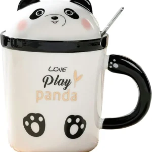 Cana ceramica cu Lingurita si Capac, Model Panda , 400 ml