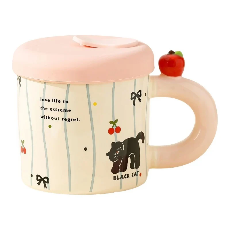 Cana din Ceramica cu Capac si Pai, Vivimall, Capacul si Paiul din Silicon Roz, 9x8.5 cm, Model Cute , Capacitate 380ml