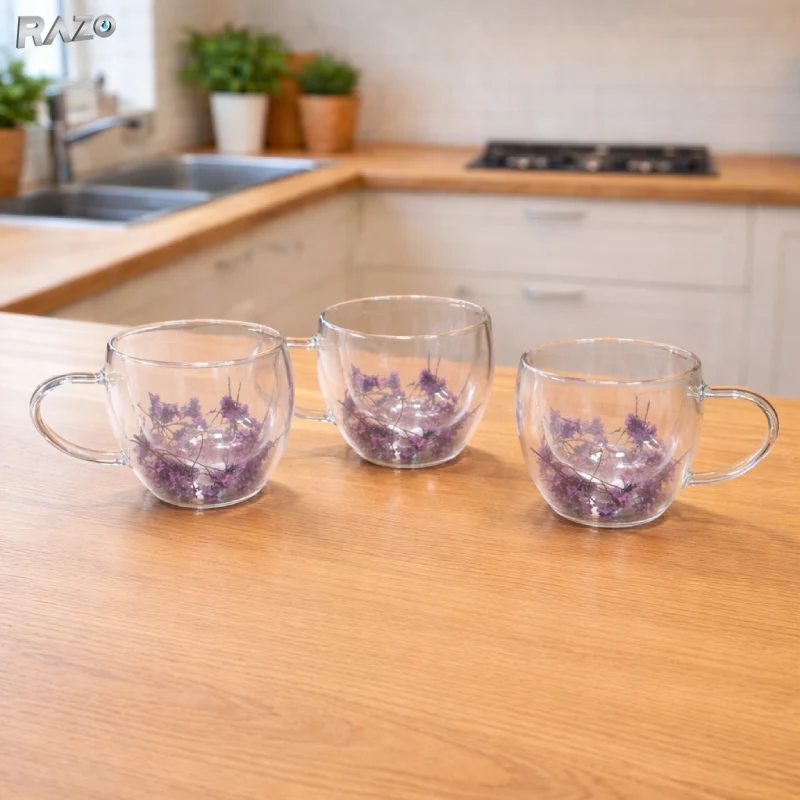 Cana sticla pereti dubli Purple 250 ml RAZO, Flori uscate naturale, Design elegant decorativ, Flori mov