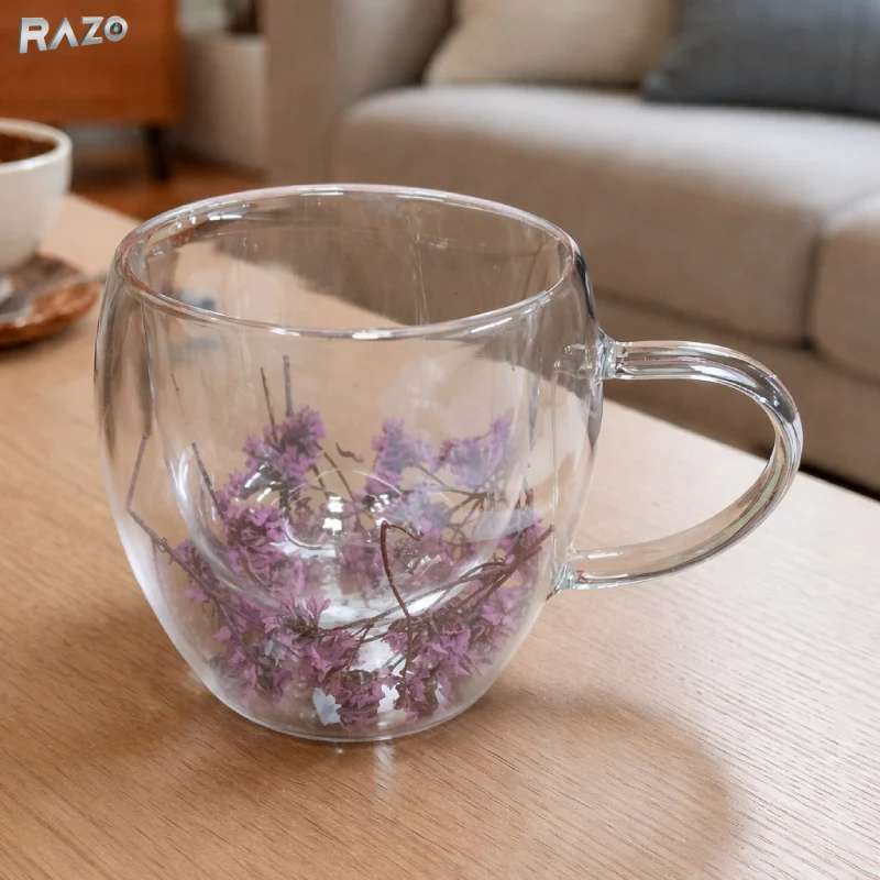 Cana sticla pereti dubli Purple 250 ml RAZO, Flori uscate naturale, Design elegant decorativ, Flori mov