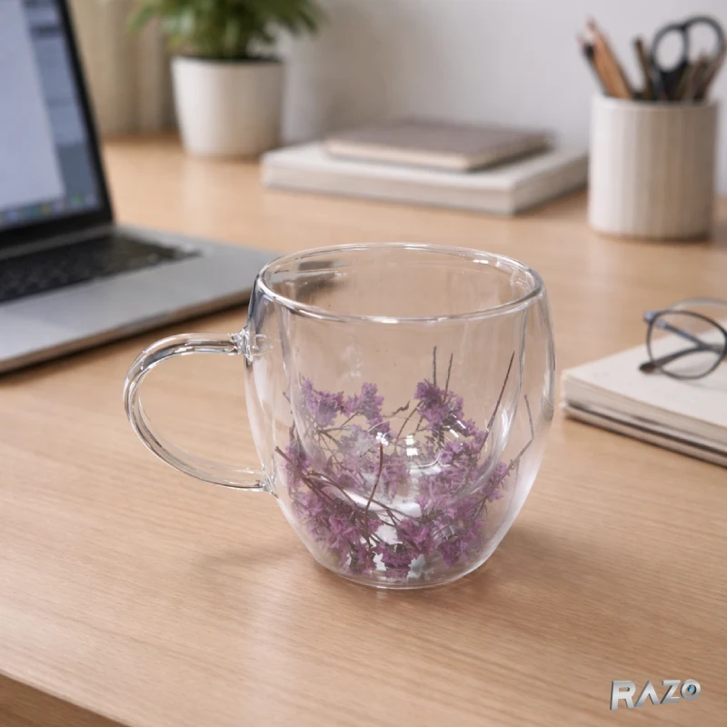 Cana sticla pereti dubli Purple 250 ml RAZO, Flori uscate naturale, Design elegant decorativ, Flori mov