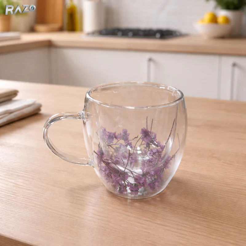 Cana sticla pereti dubli Purple 250 ml RAZO, Flori uscate naturale, Design elegant decorativ, Flori mov