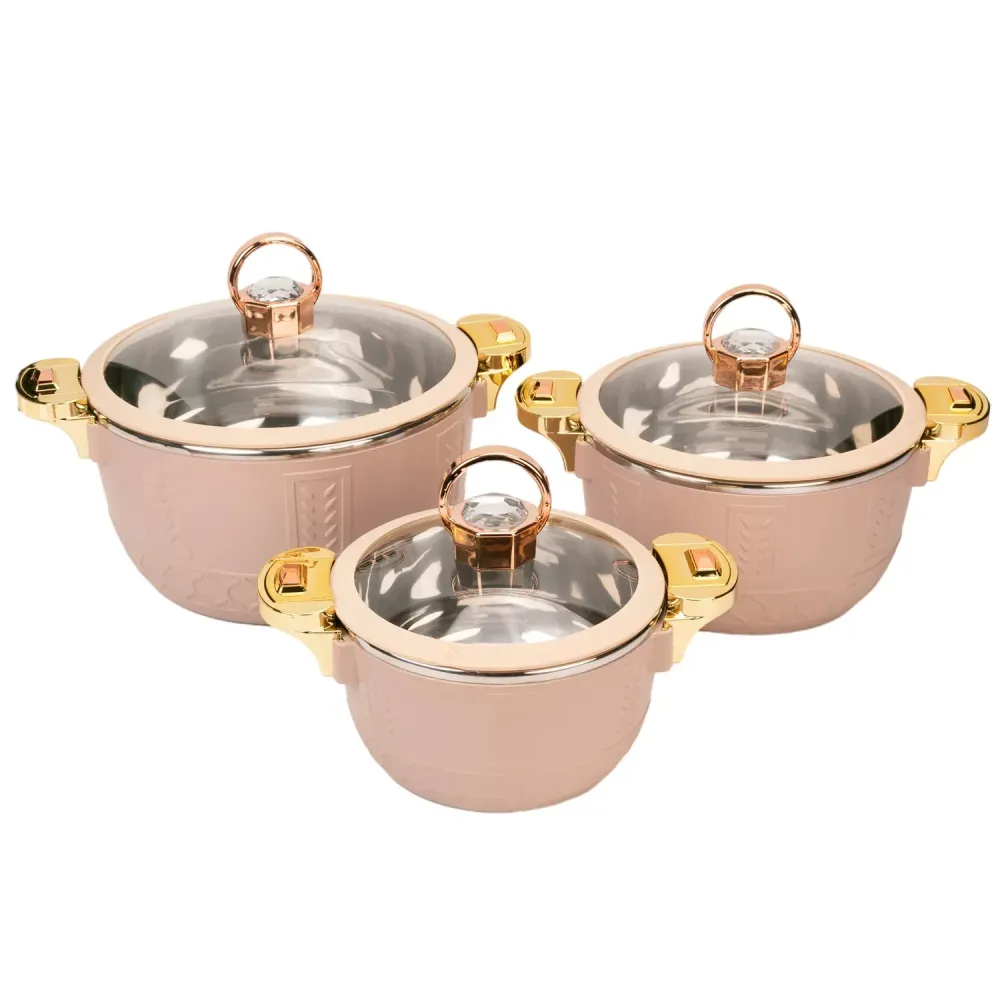 Caserola termica, set 3 piese, Thermo Class, cu interior din inox, Naimeed D6701, Roz