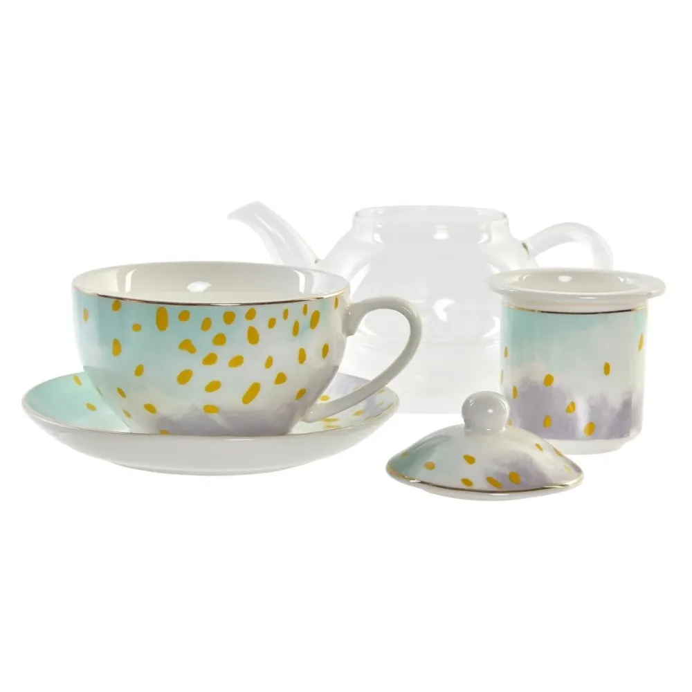 Ceainic DKD Home Decor Geam Porțelan Roz Transparent Alb Verde (2 Unități)