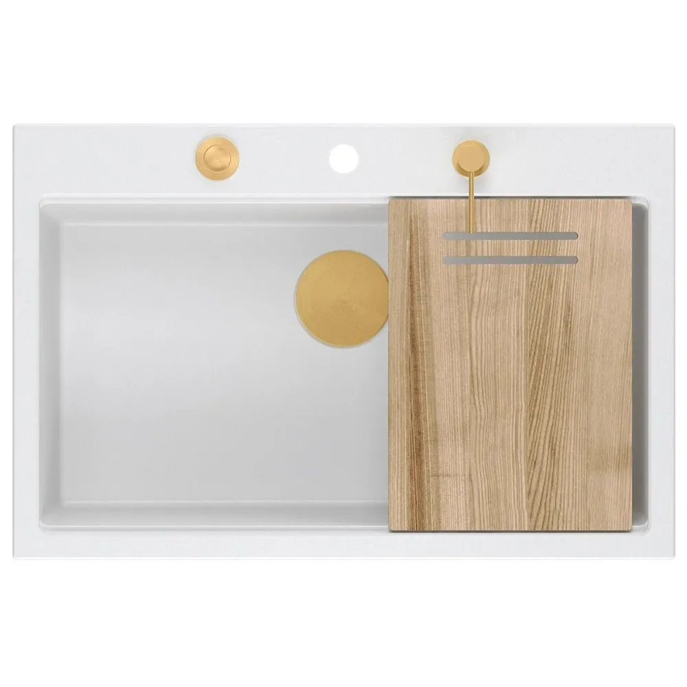 Chiuvetă din granit Marc 110 Quadron,workstation, alb, ventil si accesorii aurii