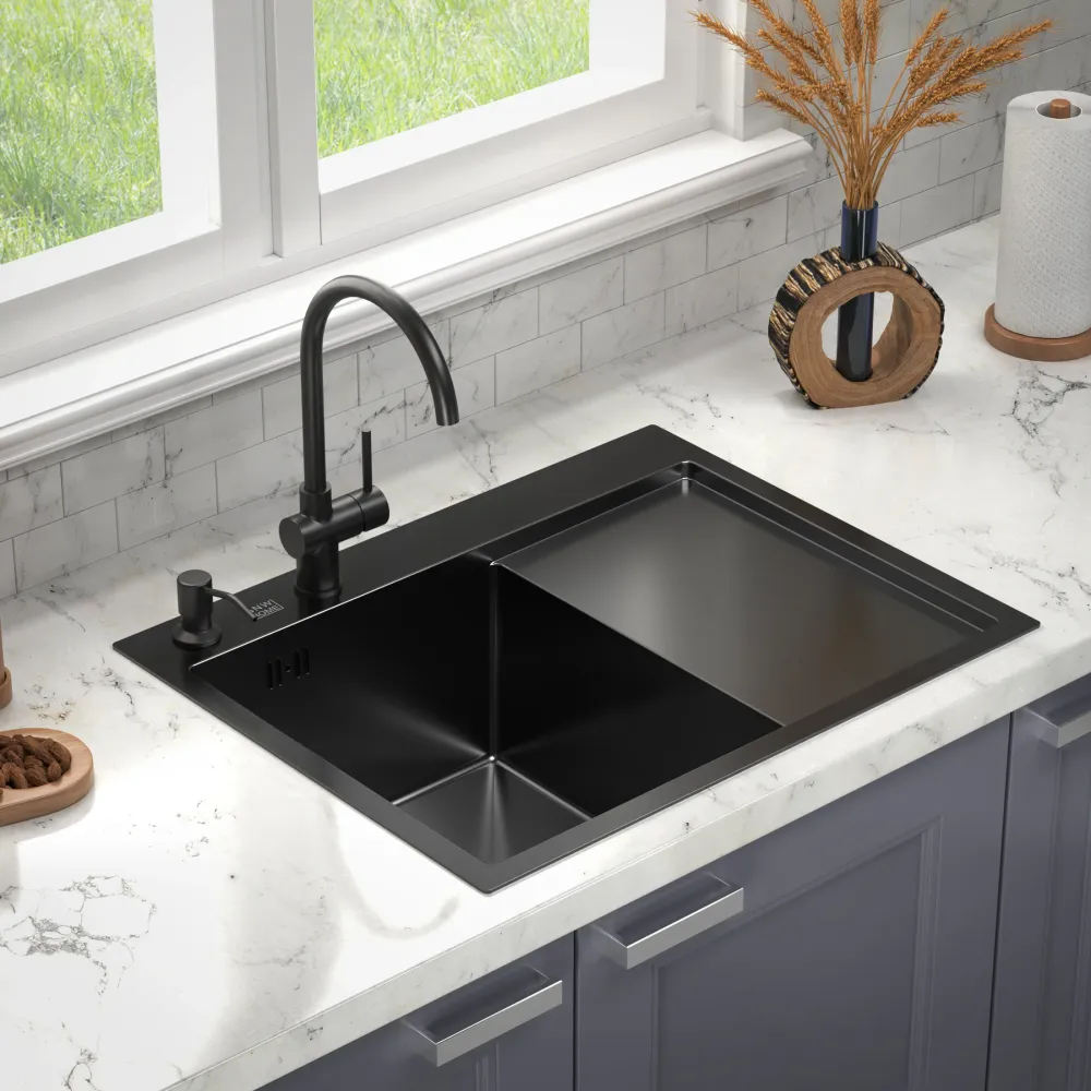 Chiuveta de bucatarie cu un singur vas cu scurgere Graphite 6350L + accesorii