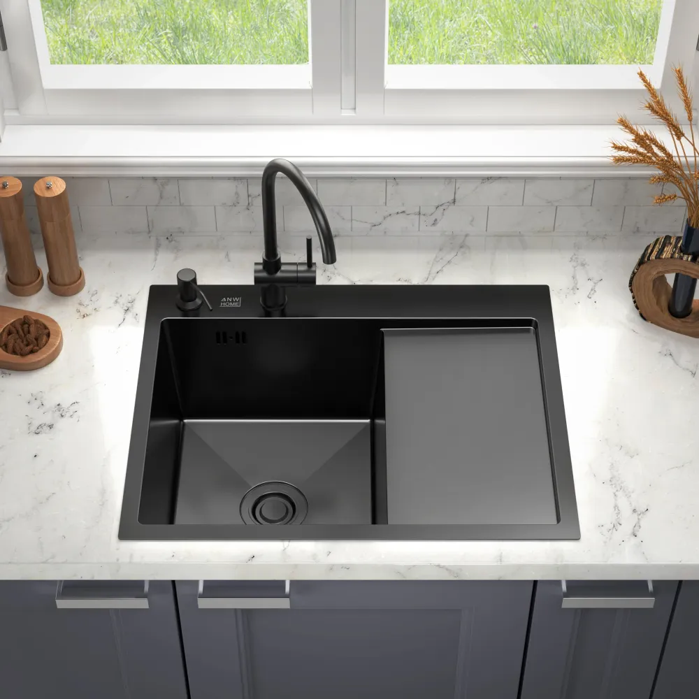 Chiuveta de bucatarie cu un singur vas cu scurgere Graphite 6350L + accesorii