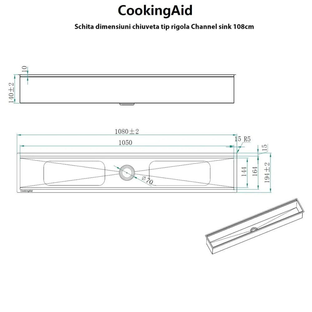Chiuveta ingusta scurgere multifunctionala tip rigola / canal / jgheab drenare CookingAid Channel sink 108cm cu 4 accesori...