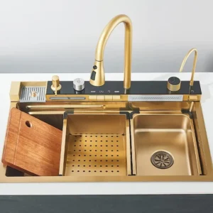 Chiuveta multifunctionala cu 2 cascade cu accesorii incluse, afisaj digital temperaturii si robinet cascada, culoare Gold,...