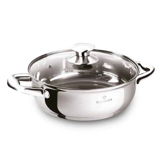 Cratiță joasă inox cu capac din sticlă 20 cm – Blaumann BL-3864 | 2 L, compatibilă inducție