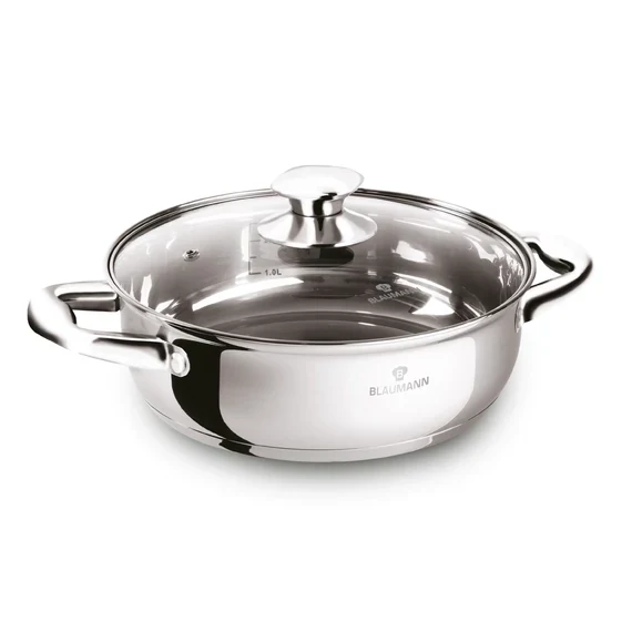 Cratiță joasă inox cu capac din sticlă 20 cm – Blaumann BL-3864 | 2 L, compatibilă inducție