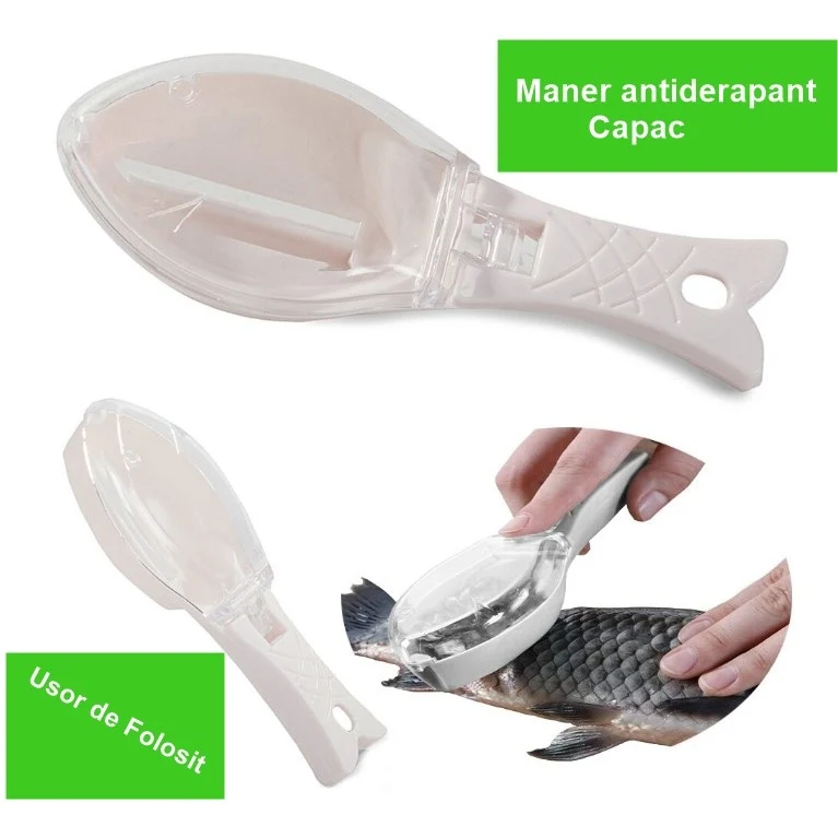 Curatator Manual Solzi de Peste, Vivimall, Forma Peste , Recipient cu Capcac pentru Solzi, Plastic, Roz pal, 16x6 cm