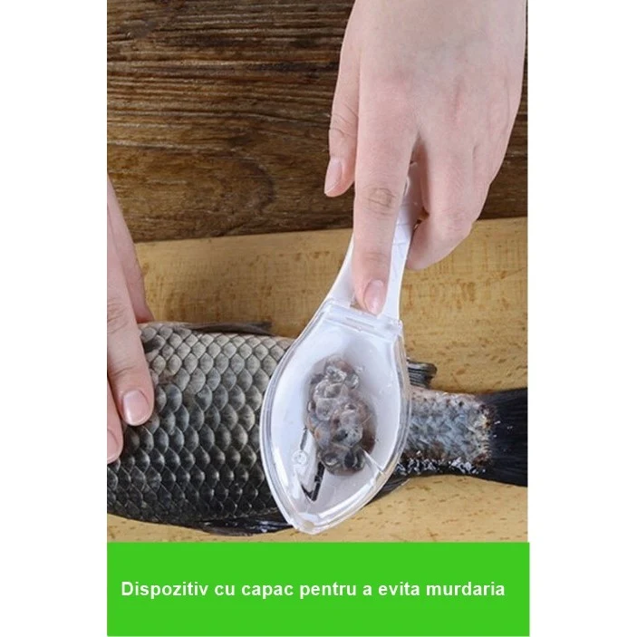 Curatator Manual Solzi de Peste, Vivimall, Forma Peste , Recipient cu Capcac pentru Solzi, Plastic, Roz pal, 16x6 cm