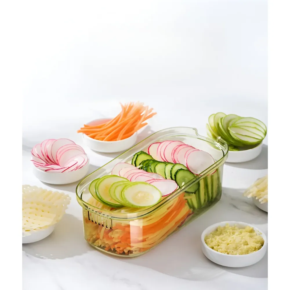 Feliator Multifunctional, Vivimall, 6 1, pentru Fructe si Legume, 9 Piese, Maner, Lame de Inox, Recipient Stocare, Protect...