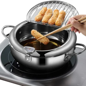 Friteuza stil japonez din oțel inoxidabil cu termometru pe capac, 24 cm