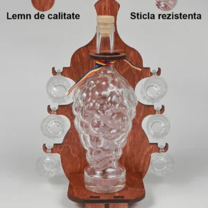 Minibar cu sticla strugure 1l şi 6 pahare 50ml cu suport de Lemn forma de Vioara, 34x21cm